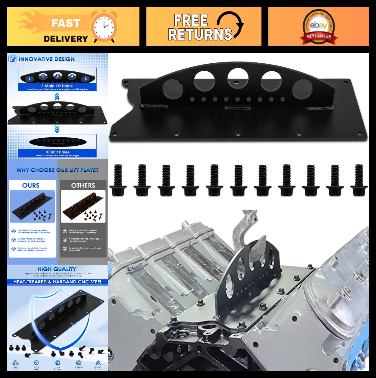 Engine Lift Plate Hoist for Chevy LS Series LSX LS1 LS2 LQ4 6.0 6.2 5.3 4.8 Gen