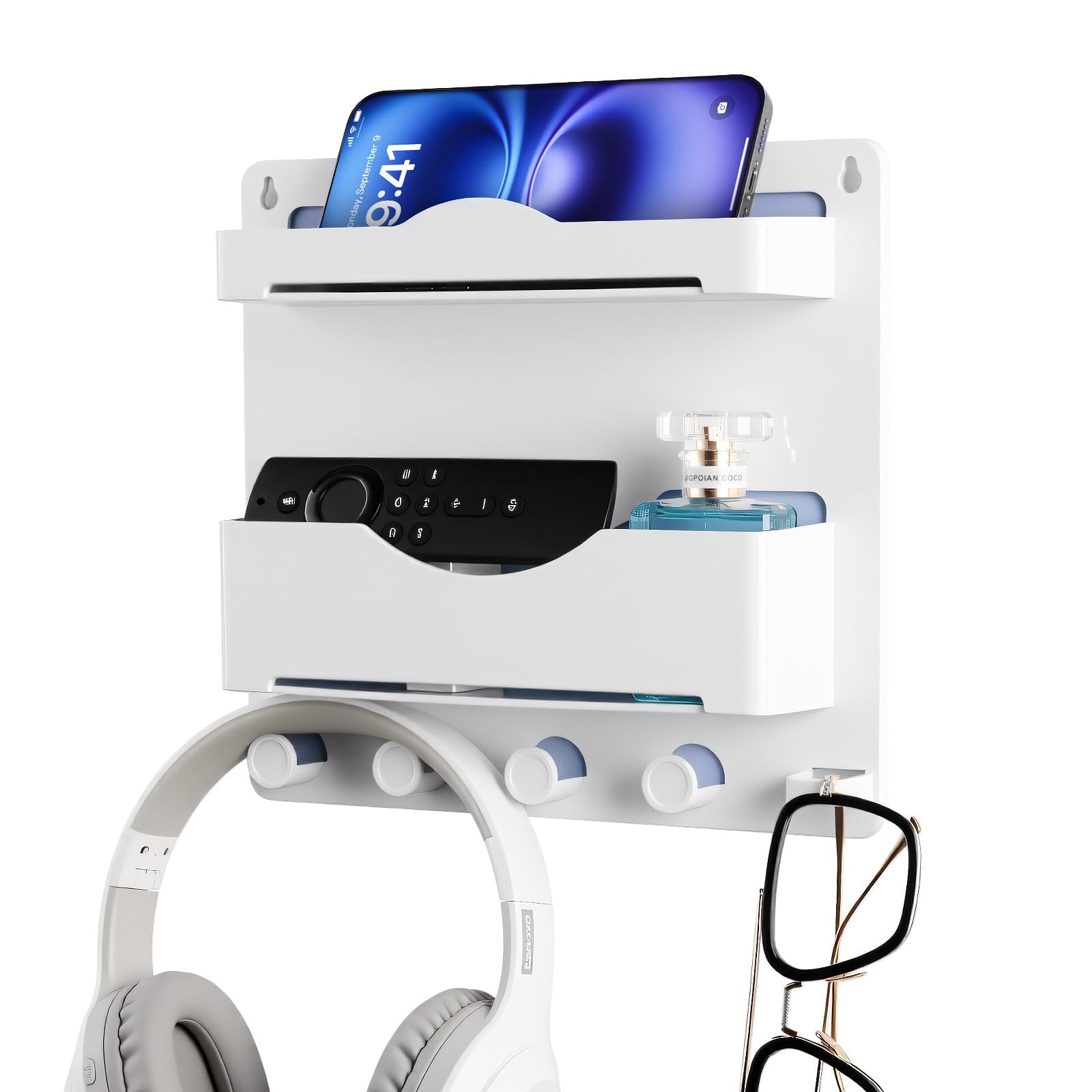 Bedside Wall Shelf with Glasses Hooks, Adhesive Bedside Organizer Wall Mount ...