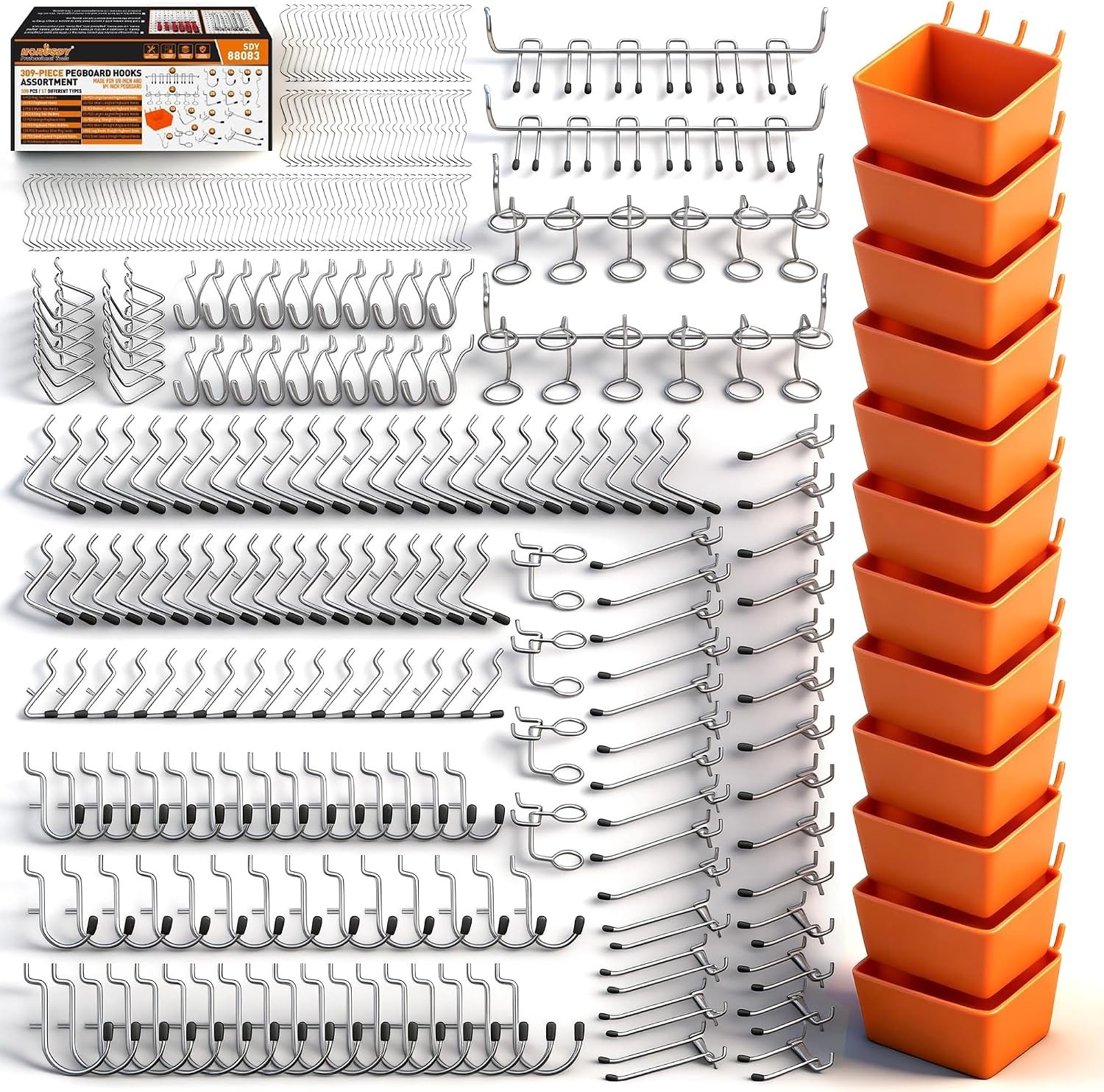 309 PCS Pegboard Hooks Assortment Kit – 17 Types Heavy Duty Peg Board Hooks &...