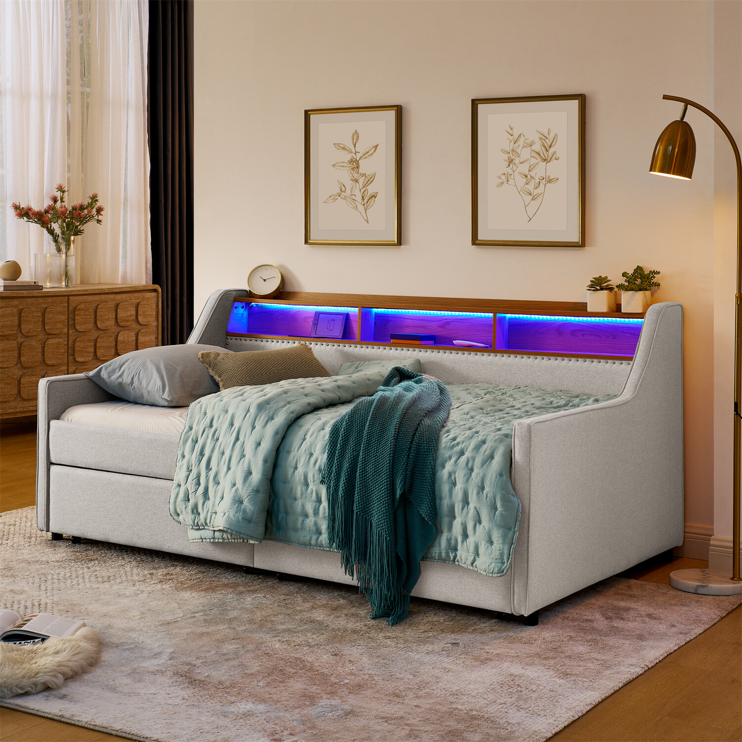 Twin Size Daybed Upholstered Bed Frame Sofa Bed w/ LED Lights & 2 Drawers