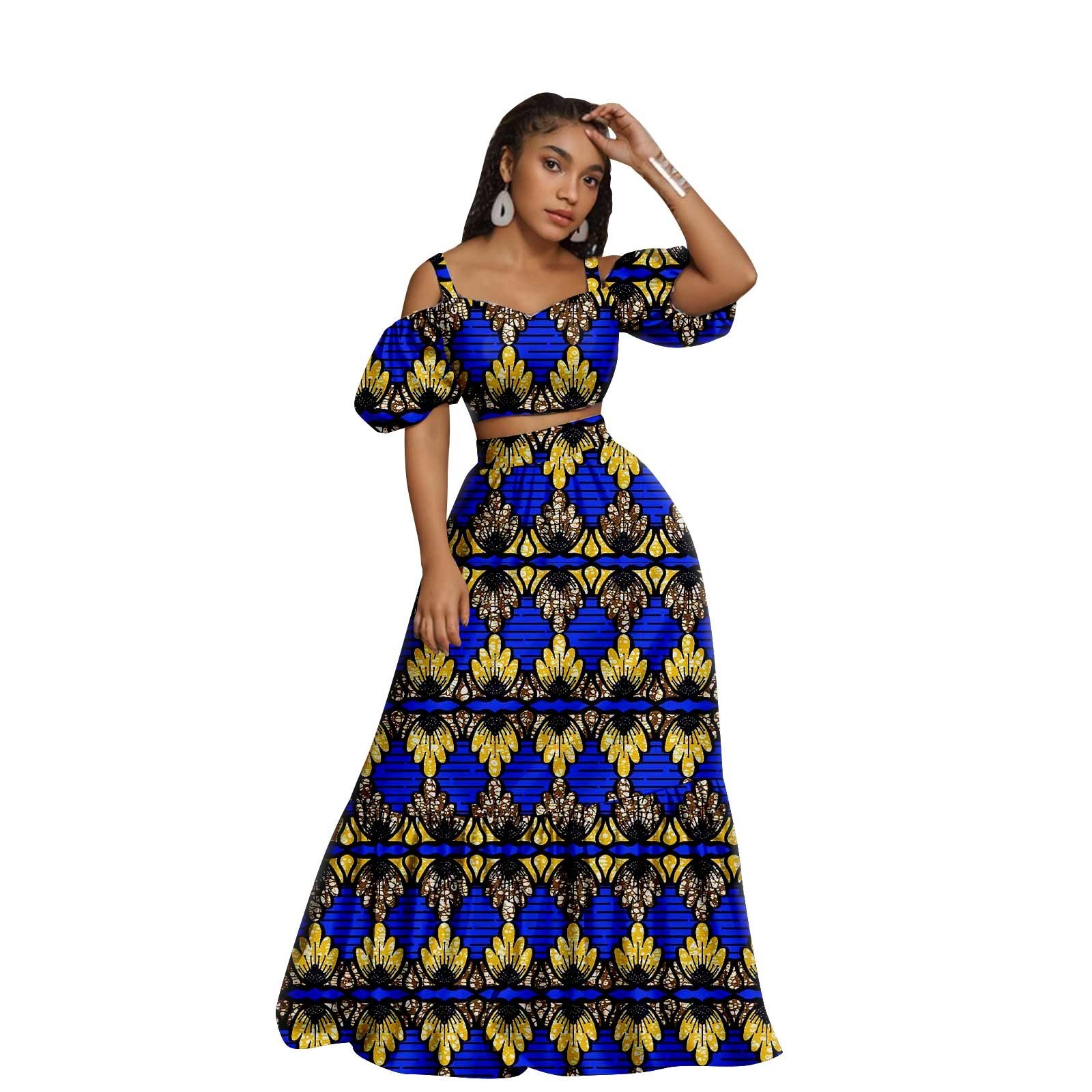 African Dress for Women Wax Print Square Collar Top and Skirt Two Piece Set