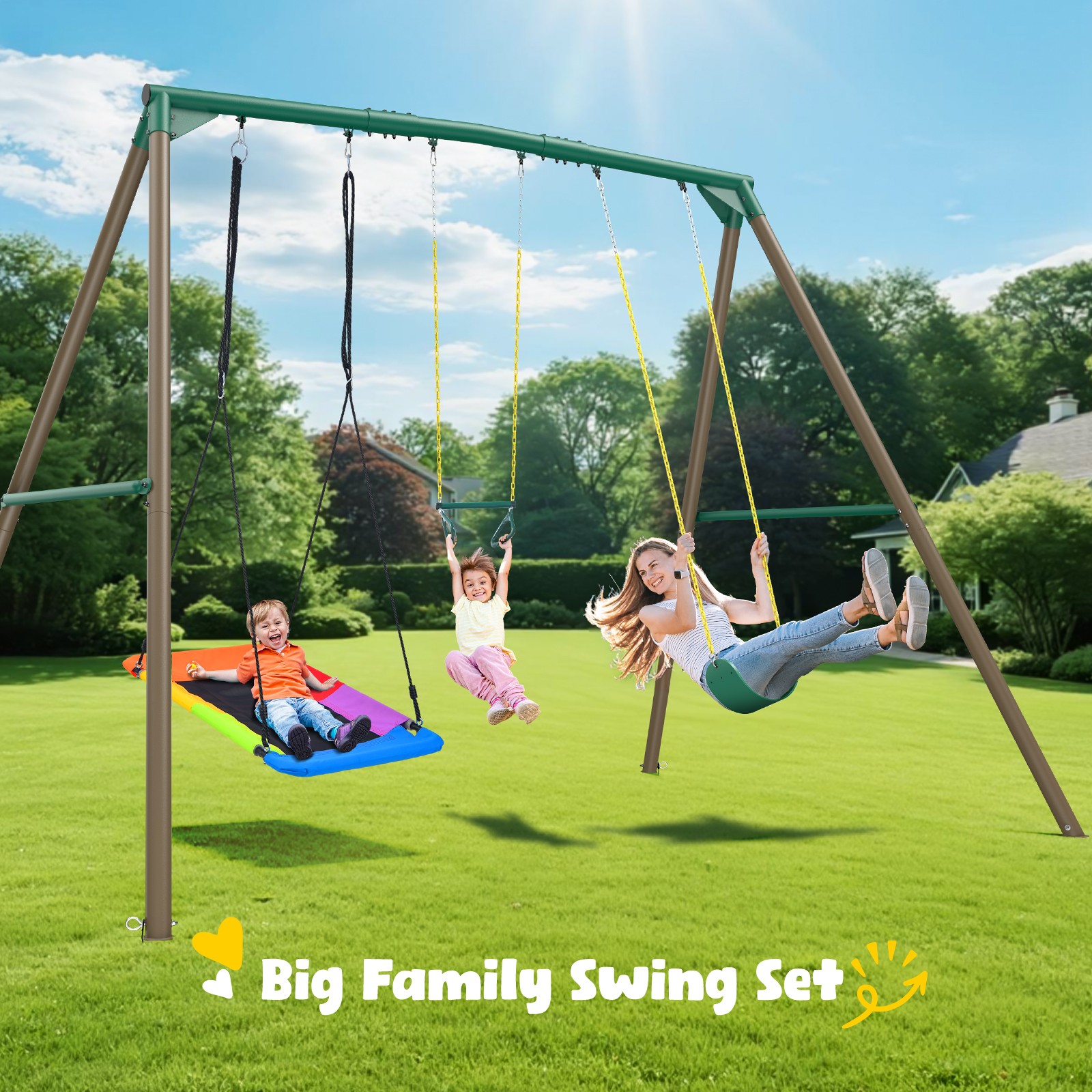 Hapfan 9.5ft Tall Swing Set Heavy Duty Metal Playset with 3 Swings & Trapeze Bar