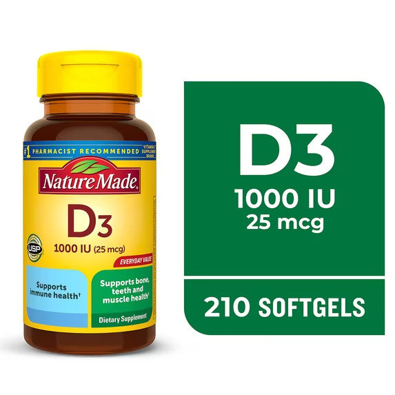 Nature Made Vitamin D3 1000 IU 25 mcg Softgel Dietary Supplement for  Immune 210