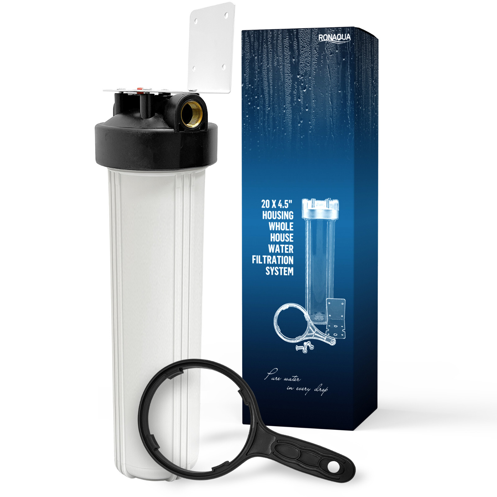 1 White High Capacity 20 x 4.5” Whole House Filter Purifier System 1” Brass Port