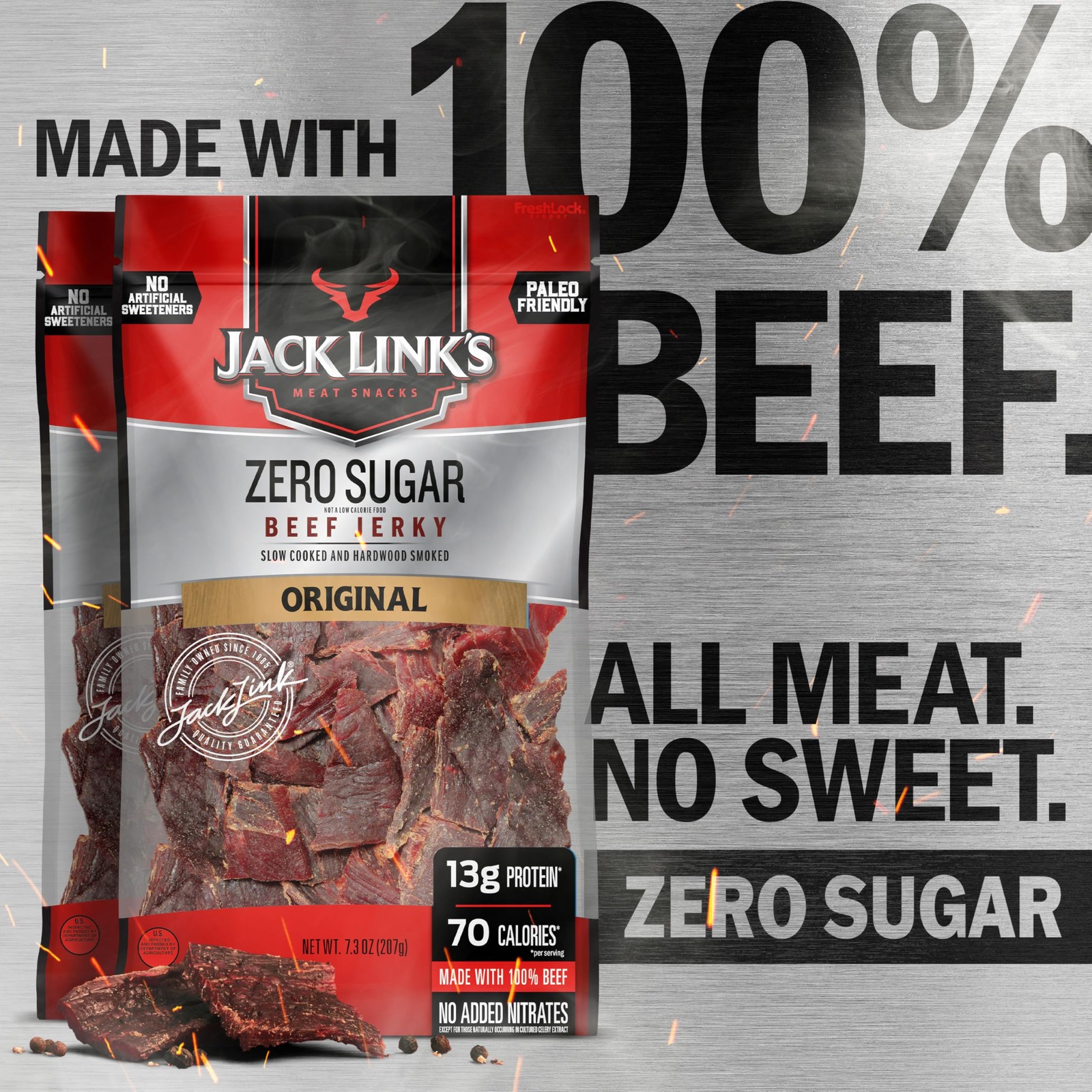 Original Zero Sugar Beef Jerky - (2 Pack) 7.3 oz Bag - Ready to Eat Protein S...