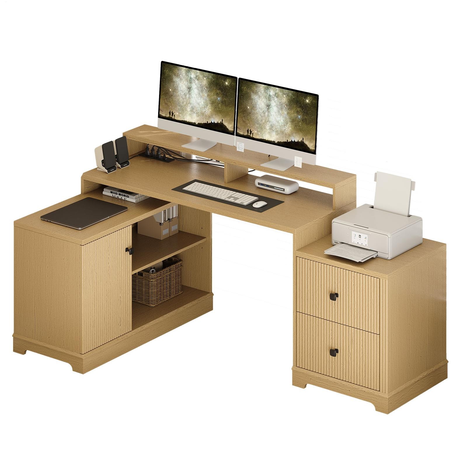 L-Shaped 66.5-Inch Reversible Desk with 2 Wooden Storage Drawers