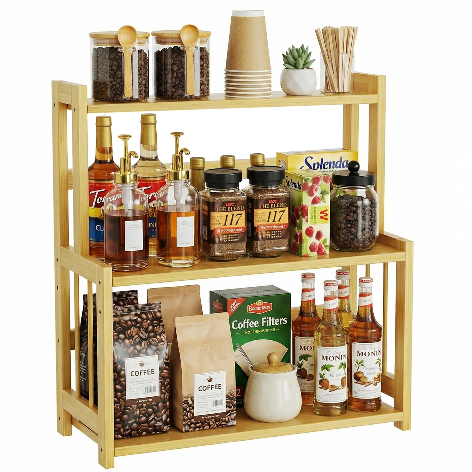 Countertop Coffee Station Organizer, 3 Tier Bamboo Shelf for Coffee Bar Acces...