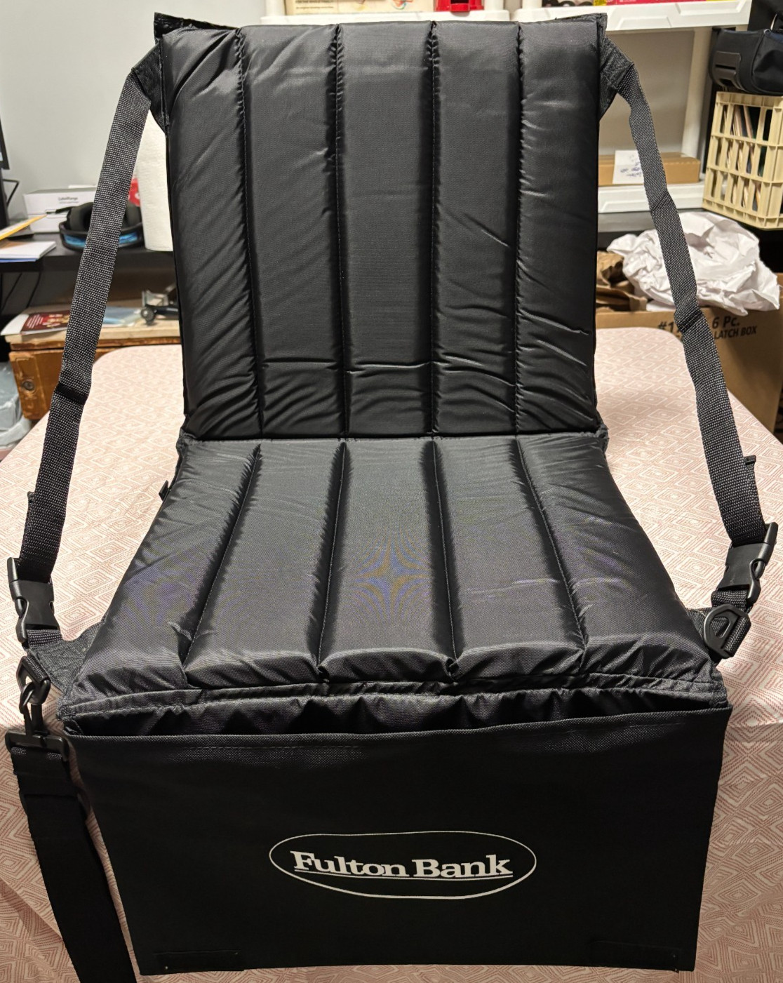 Fulton Bank Black Padded Stadium Seat Cushion W/ Carry Strap and Backrest