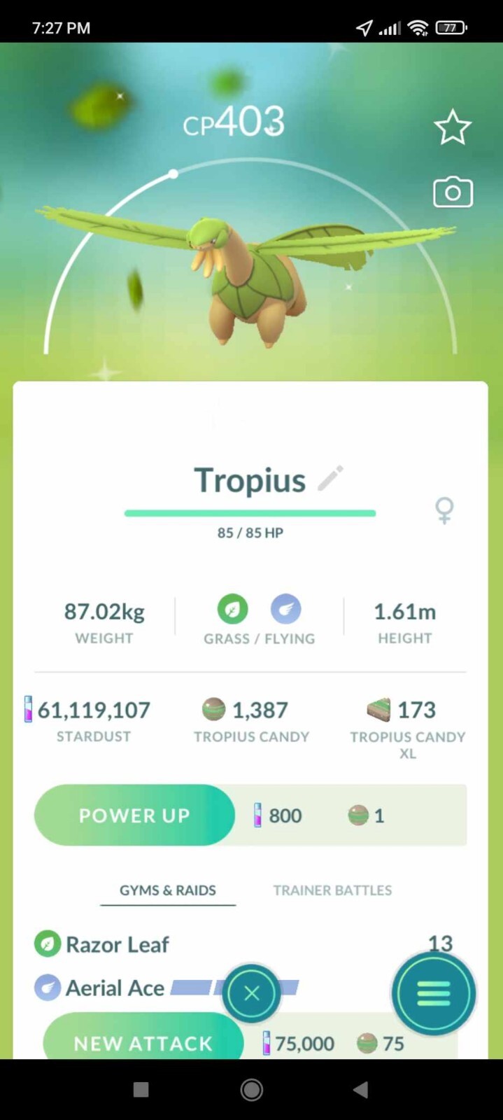 Pokemon Shiny Tropius - TRA'DE 1 mill Dust GO - Read Description