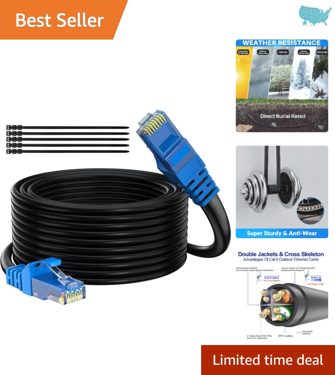 Sturdy 100 Ft Black Cat 6 Ethernet Cable - Supports POE Cameras & Direct Burial