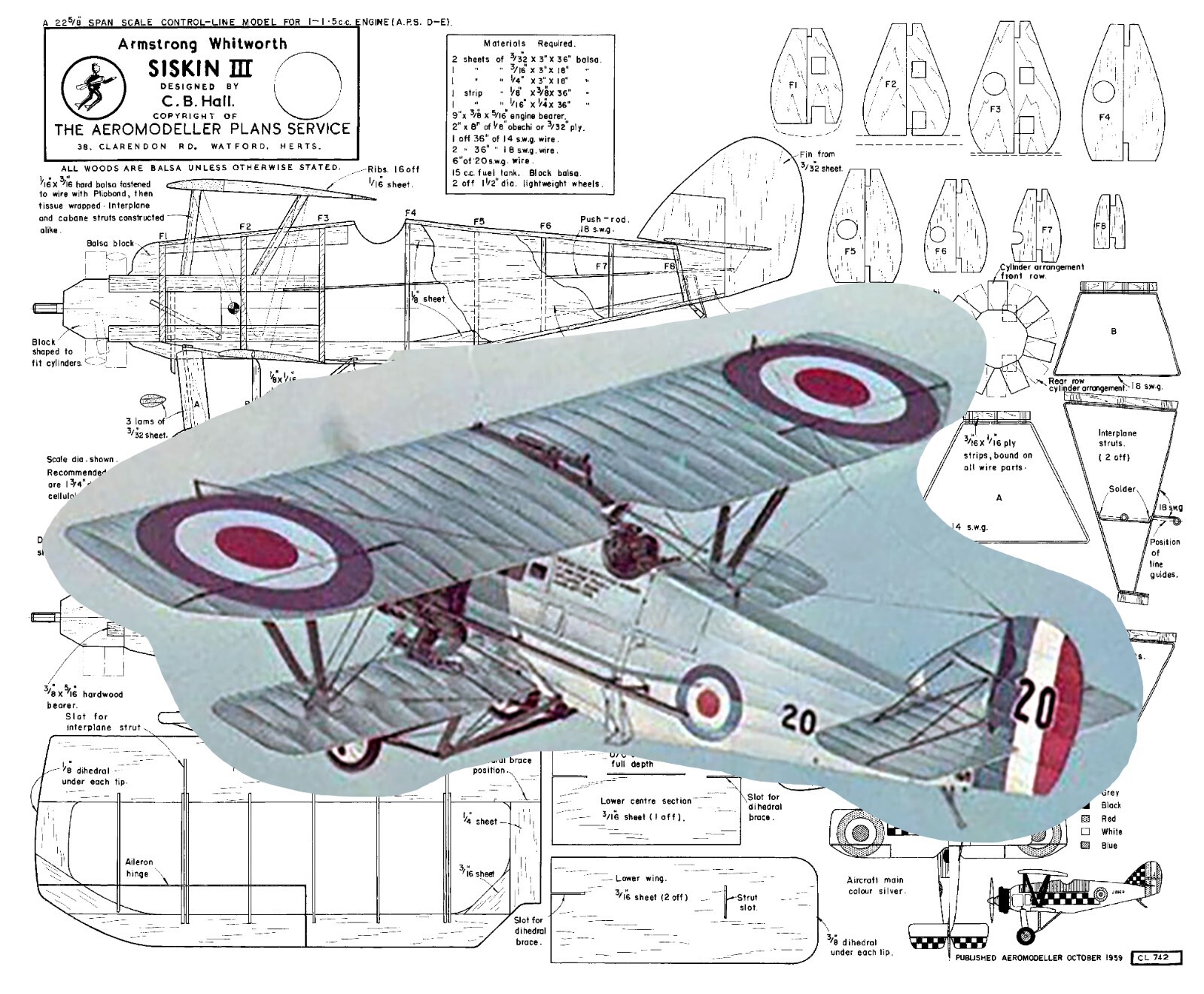 Model Airplane Plans(UC): SISKIN III 1/17 Scale 23" for 1 - 1.5cc Engine