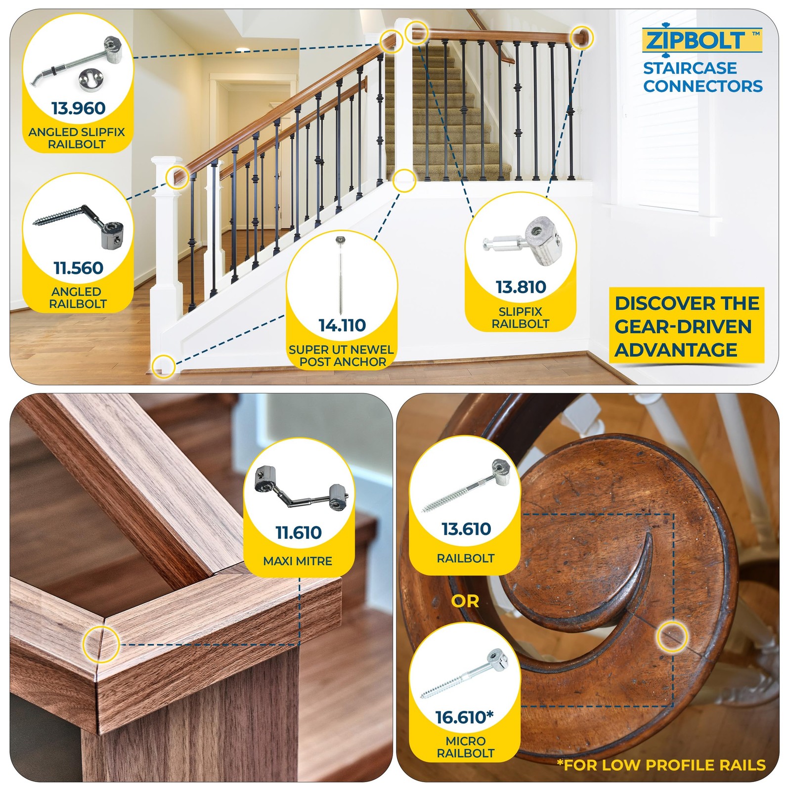 Zipbolt 13.810 Slipfix Railbolt — Staircase Handrail Post to 1 Pack