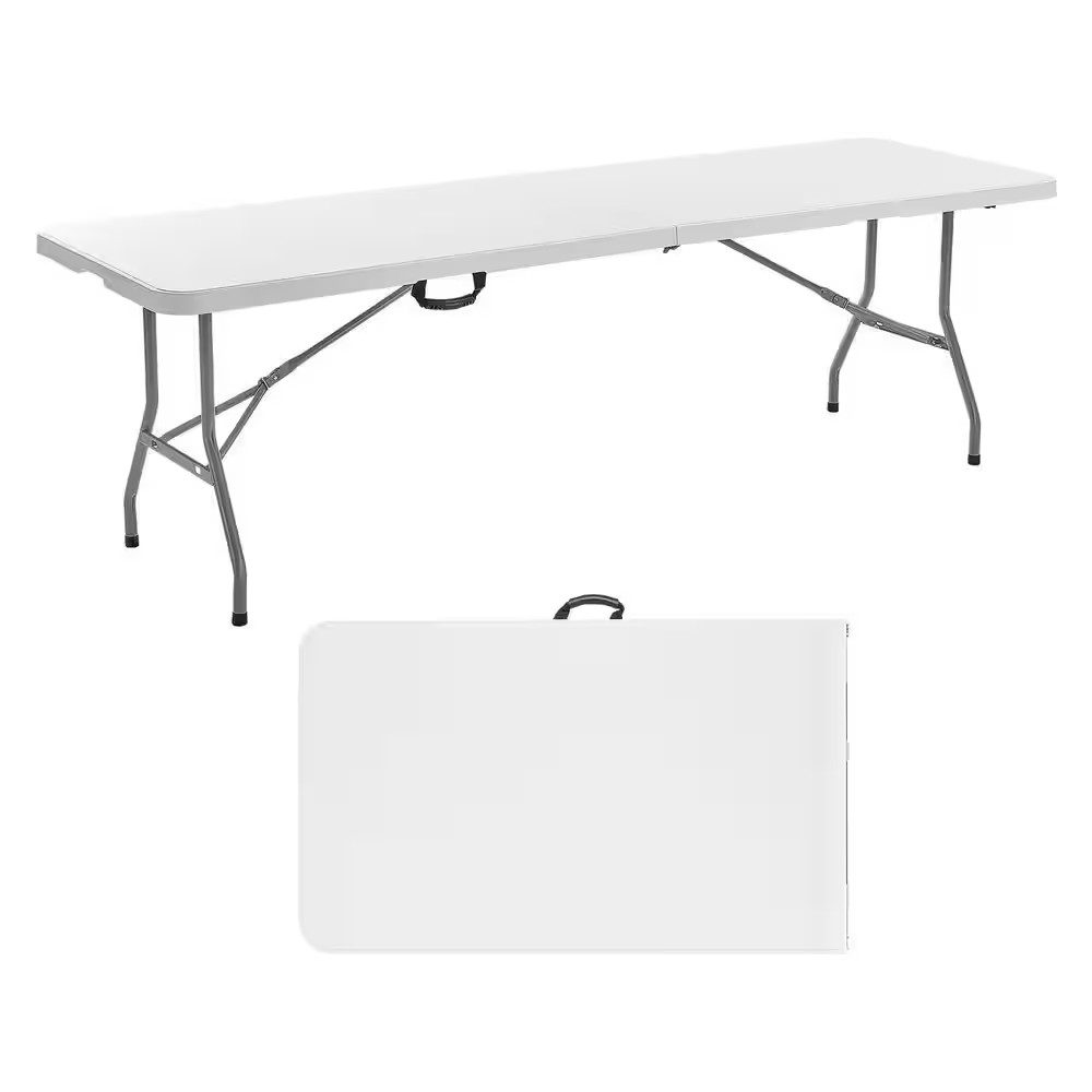Folding Table, 8 Ft. Heavy Duty Portable Fold-In-Half Plastic Rectangle Table wi