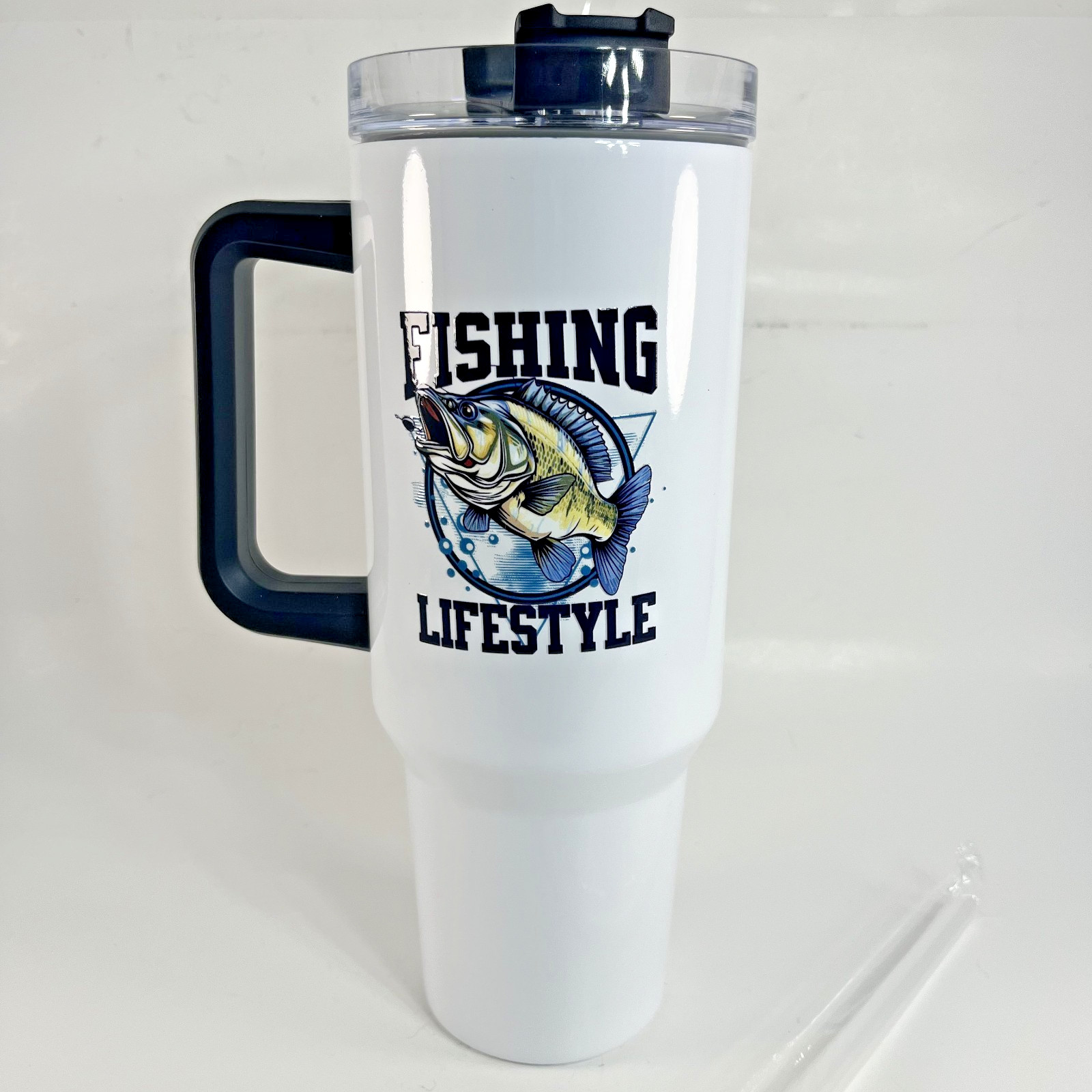 Fishing Lifestyle Travel Tumbler 30oz Stainless Steel Handle Straw Lid