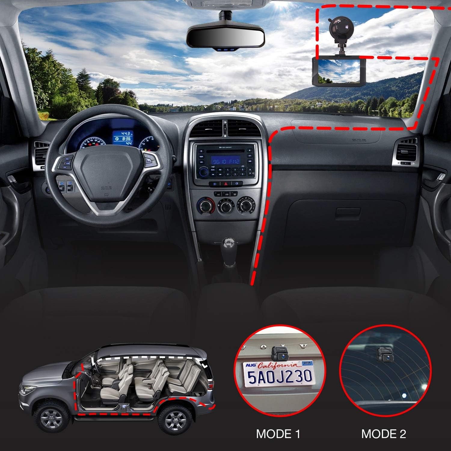 Dash Cam 1080P Front and Rear Camera Loop Recording G-Sensor 24 Hours Parking