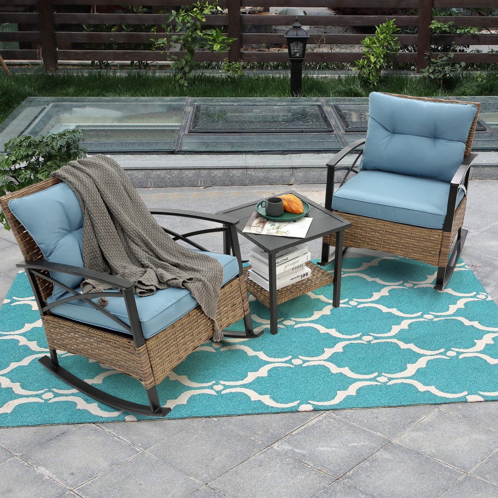 3pcs rocking rattan set wholesale leisure chair outdoor rattan rocking chair set