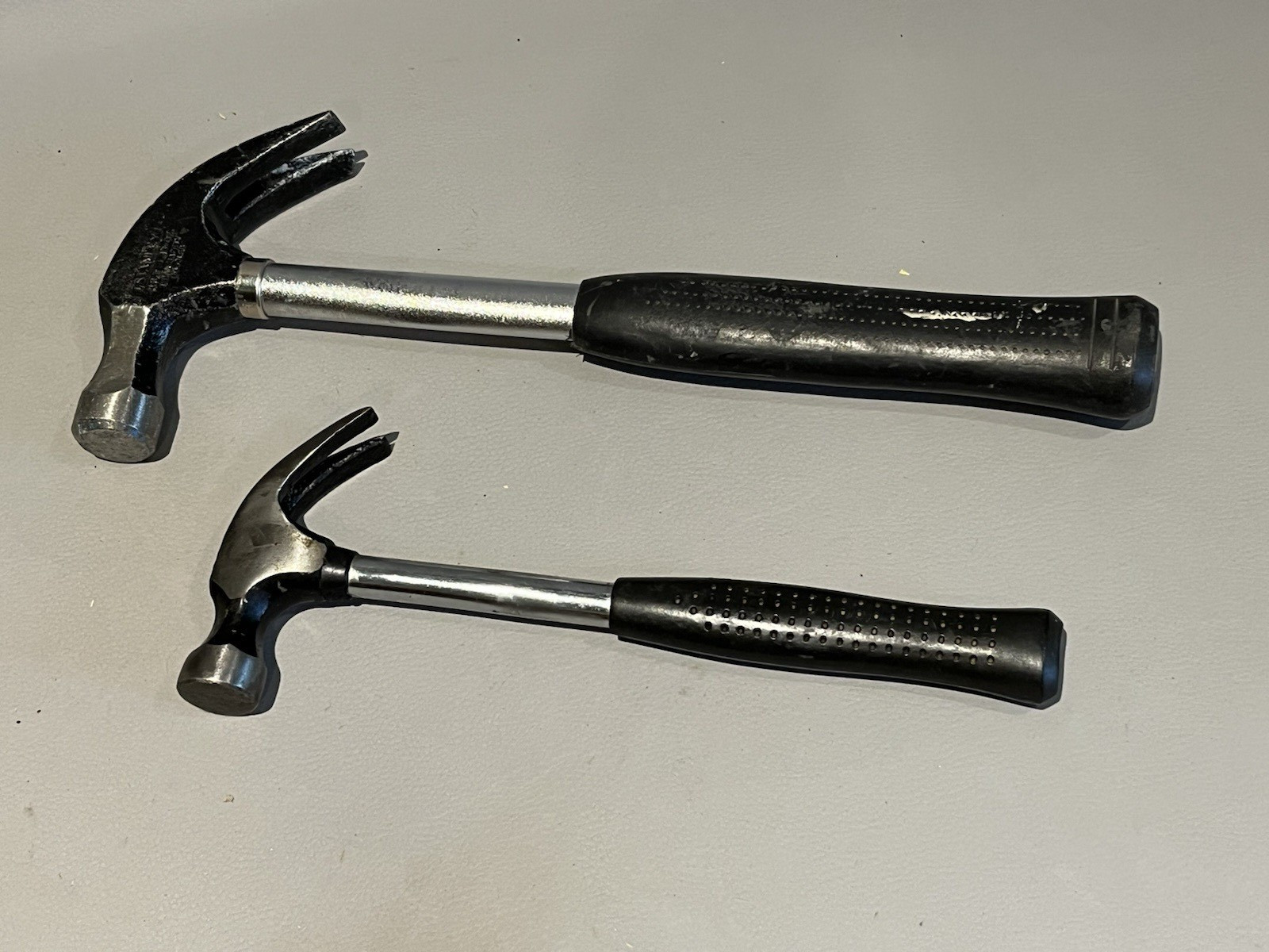 2 Vintage Metal Cushion Handle Claw Hammers - Stanley 16 oz & Unmarked 8 oz