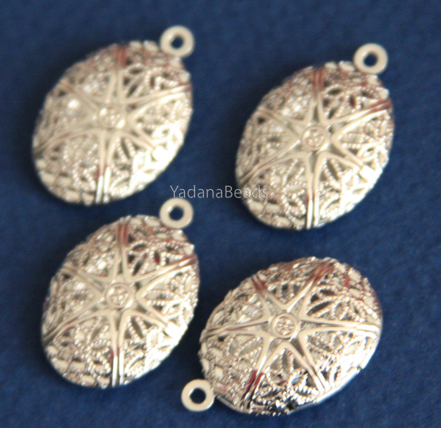 5 Silver Plated Filigree Oval Locket Pendants 24x16mm