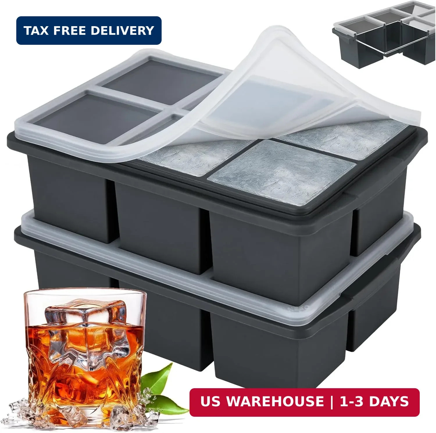 Large Ice Cube Trays for Whiskey, Silicone Ice Cube Tray, with Reinforced Steel