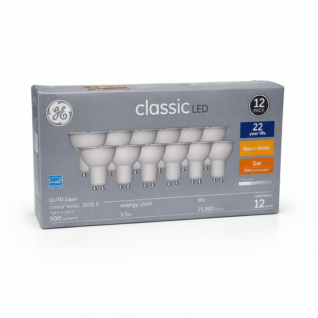 GE Classic LED GU10 Bulbs 5.5W Warm White 3000K Dimmable 12 Pack