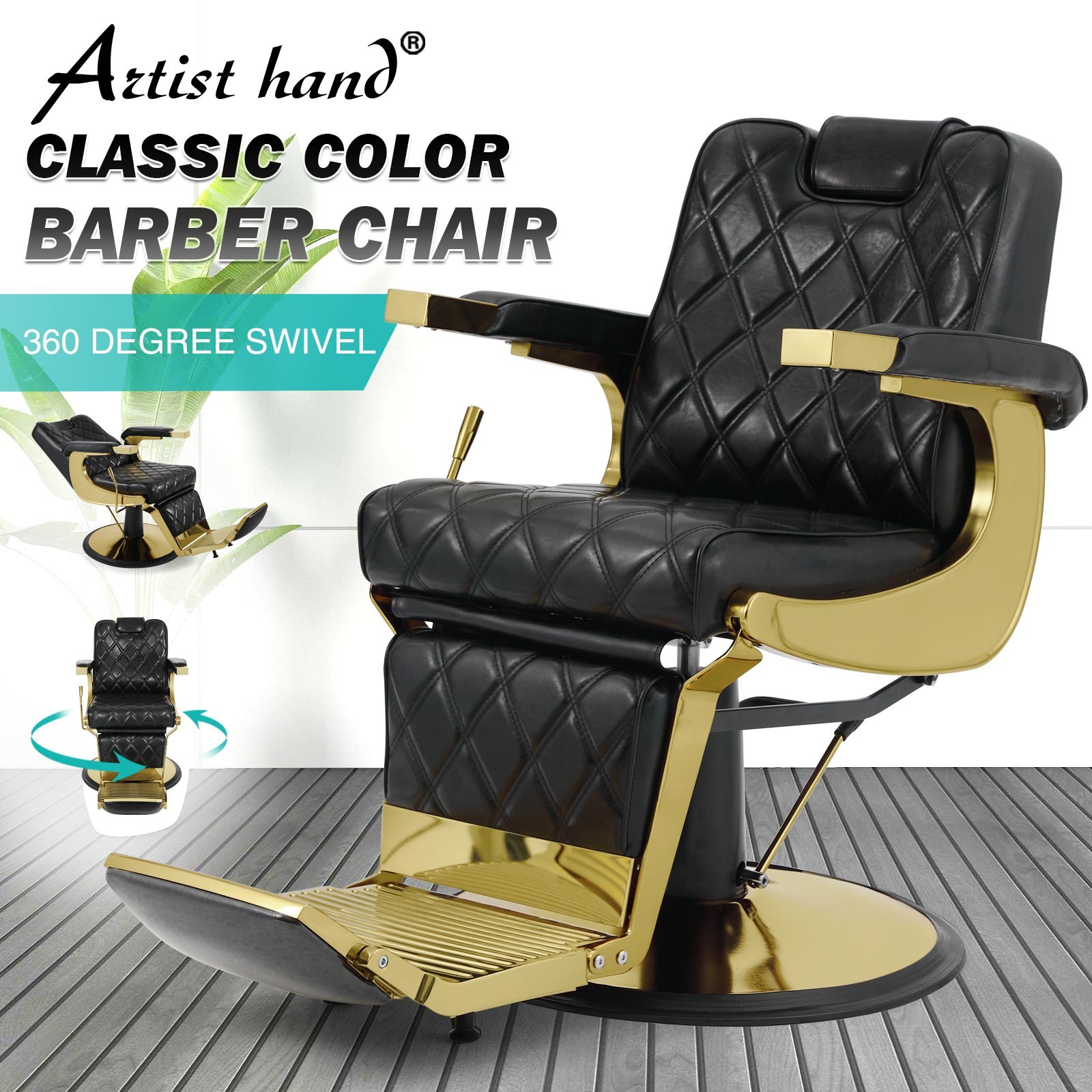 Black+Gold Vintage Recline Barber Chair Hydraulic Salon Beauty Styling Equipment