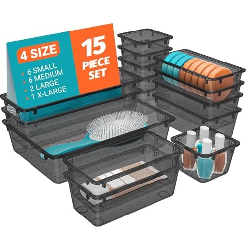 15 PCS Clear Plastic Drawer Organizer Set, 4-Size Acrylic Drawer Storage Black