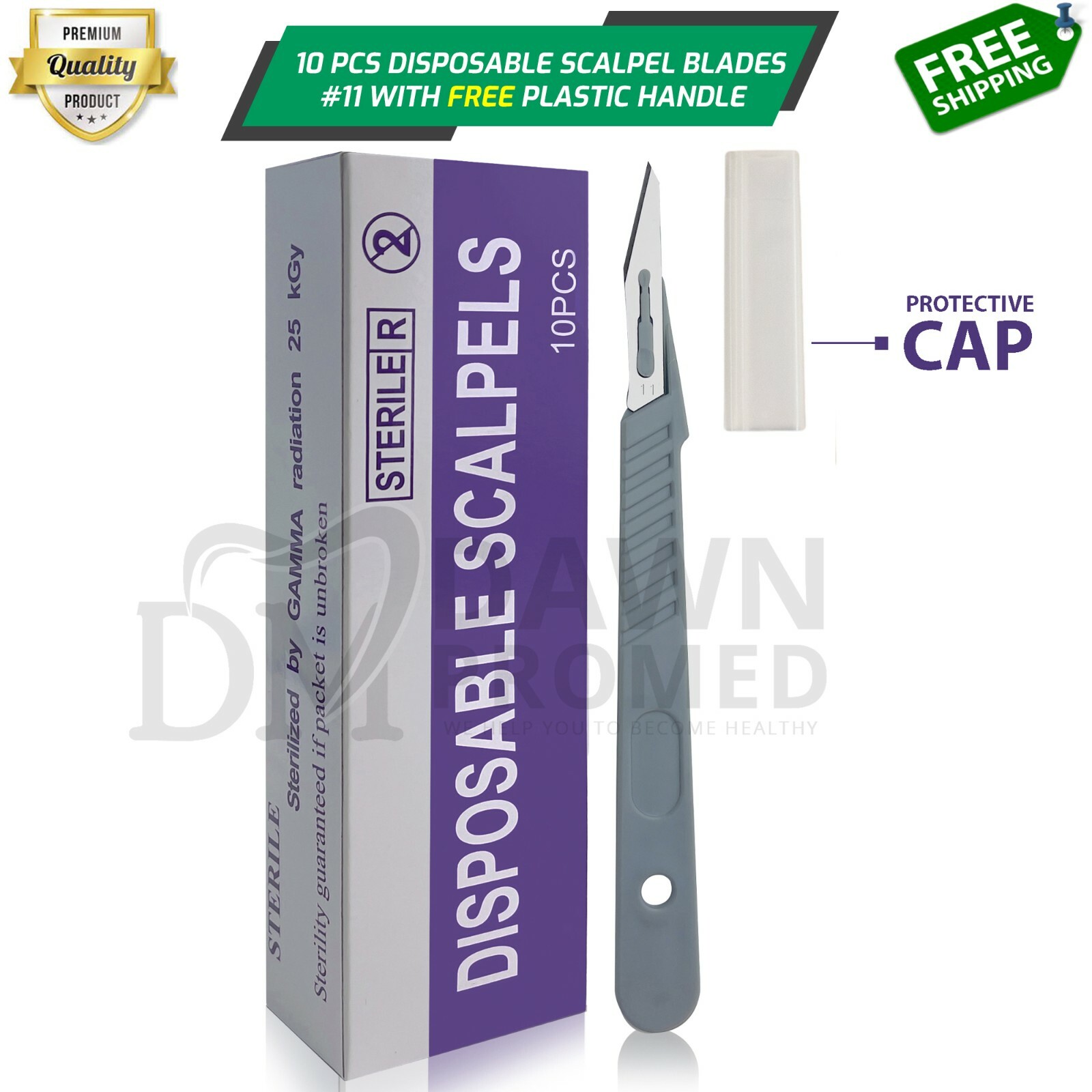 10 Pcs Sterile Surgical Blades #11 With FREE Plastic BP Scalpel Handle Dental