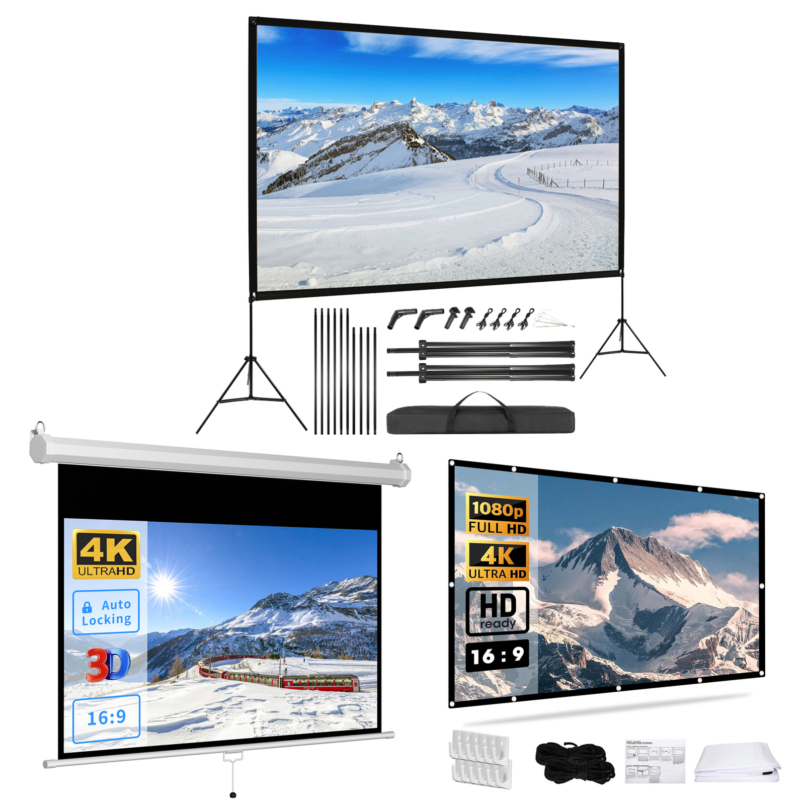 100" 120" Portable Projector Screen w/Stand Outdoor Pull Down 4K HD Home Cinema