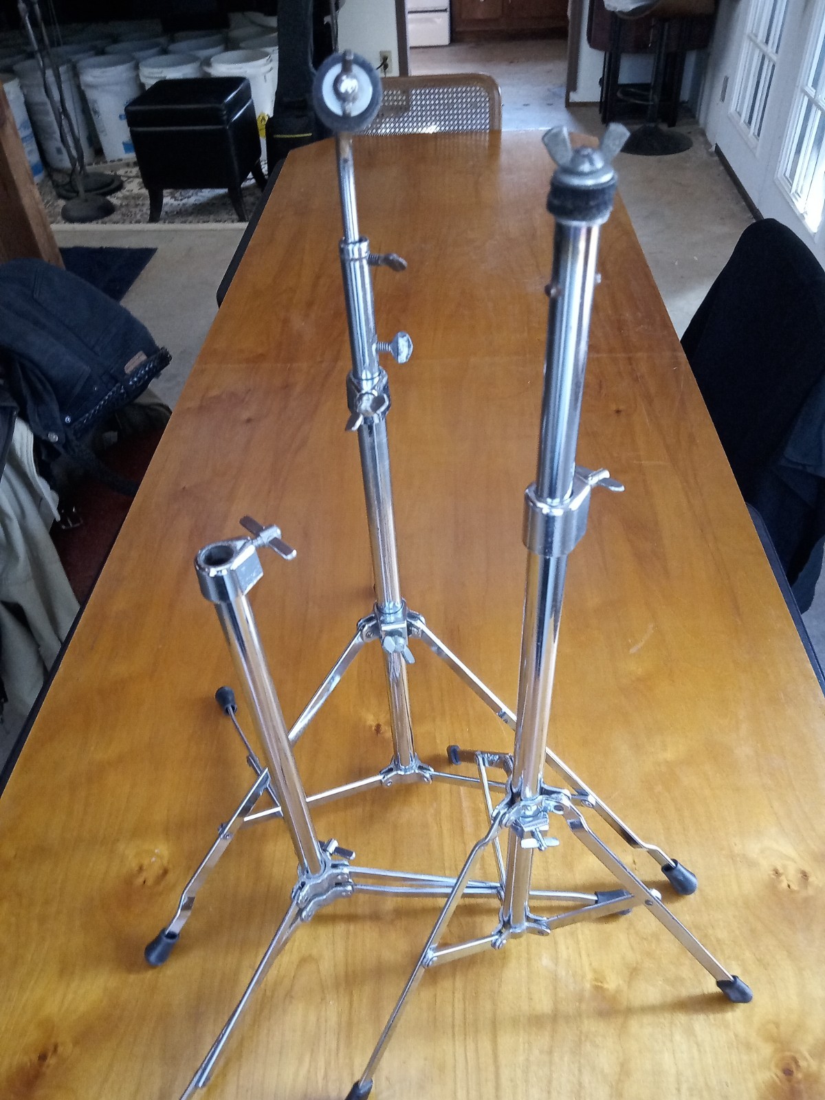 3 tripod cymbal/accessory stands plus hihat pull rod - Ludwig, etc.