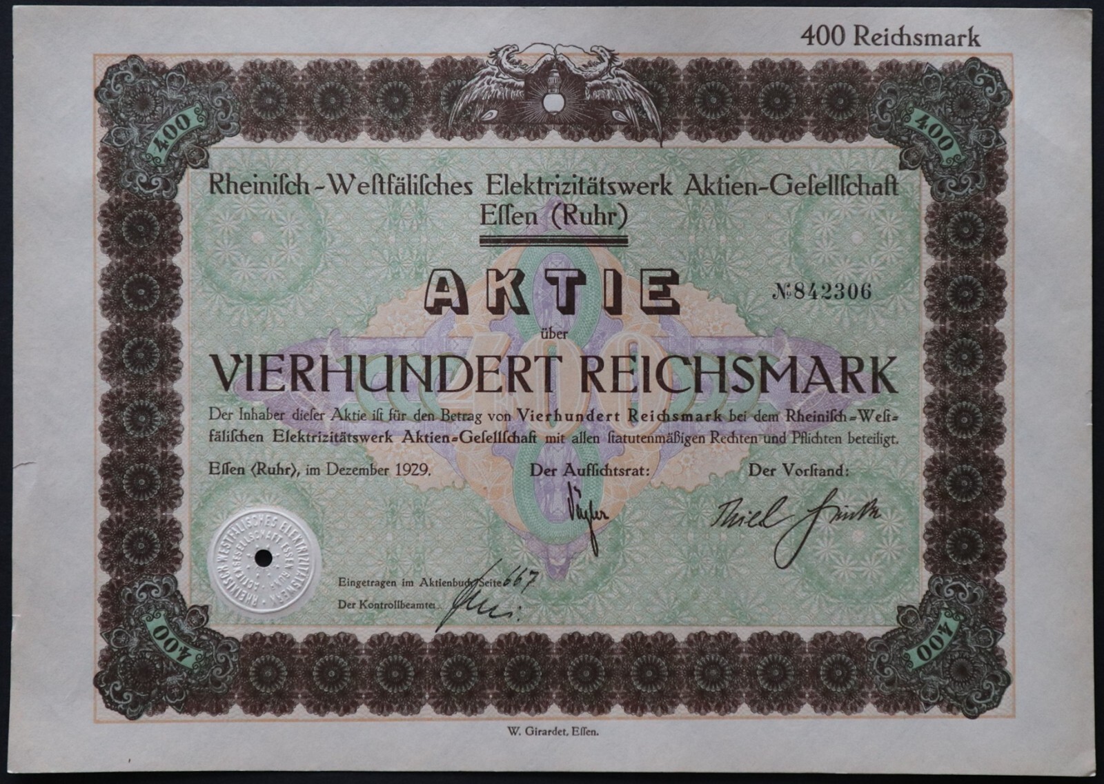 400 Reichsmark 1929 - Series: 842306 - Germany Loan Bond -  "Y162