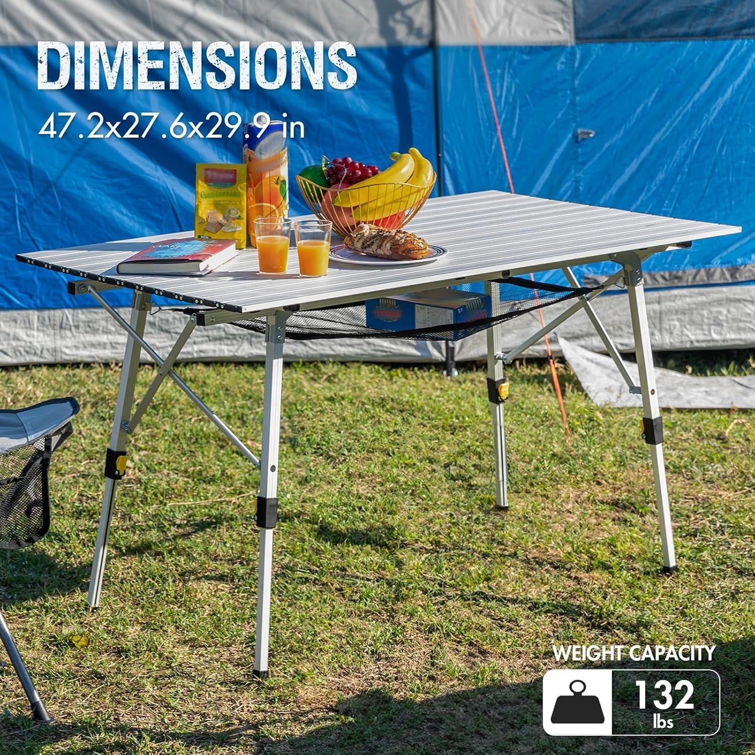 Extra Large Portable Aluminum Folding Camping Table - Adjustable Height, Silver