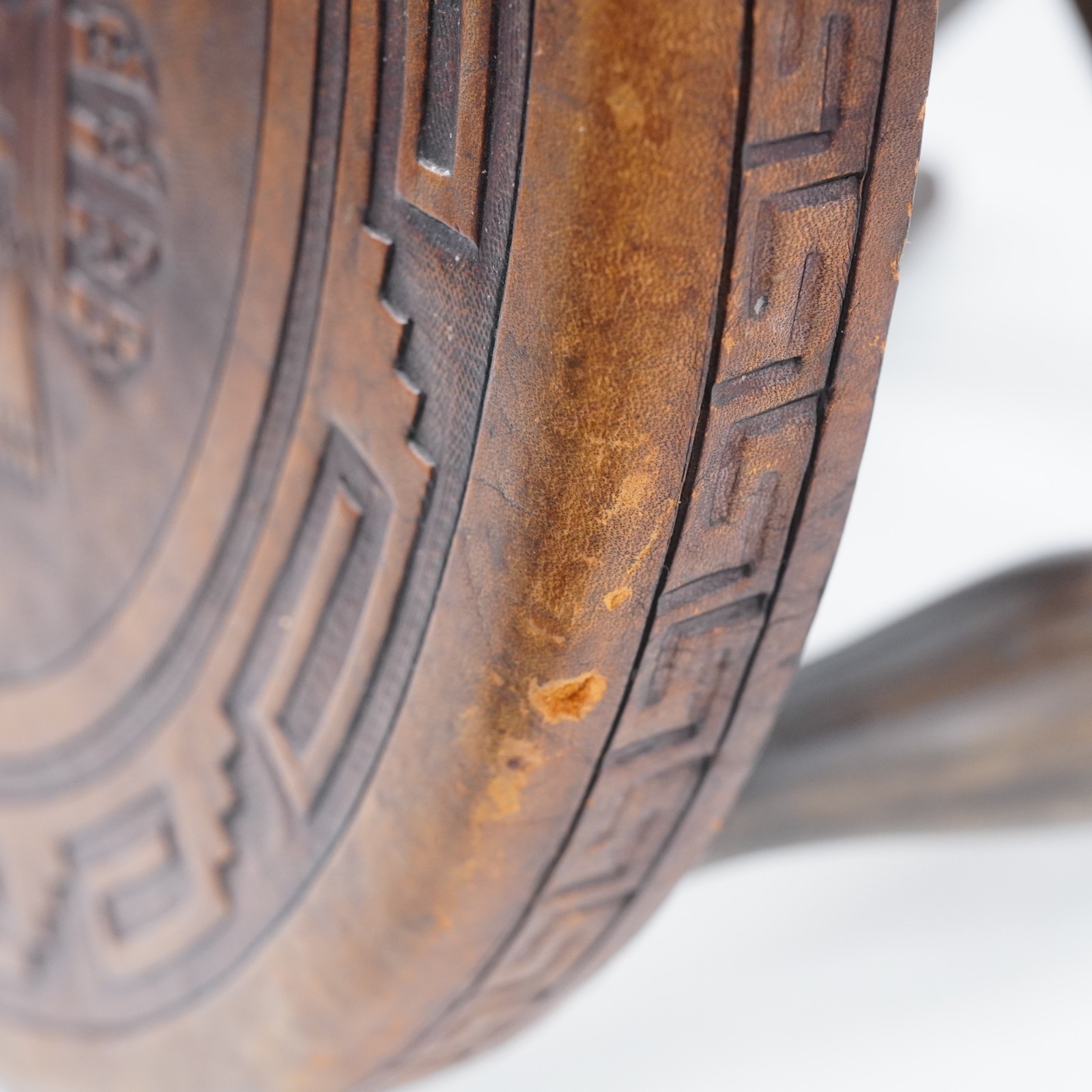 Hand Tooled Leather Top Wooden Stool Ottoman Ethnic Peru Mayan Aztec Warrior