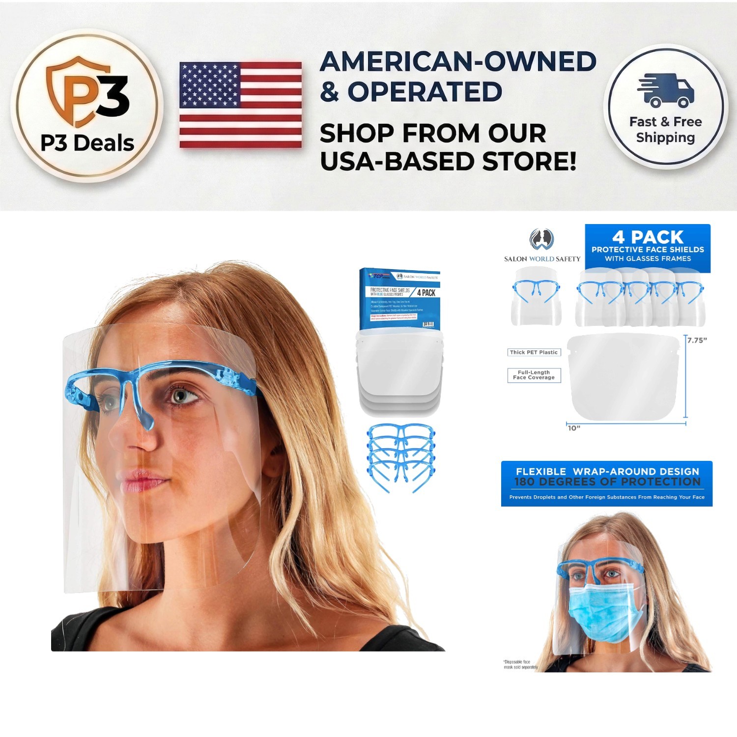 Safety Face Shields with Blue Frames - 4 Pack, Anti-Fog, Lightweight Protection