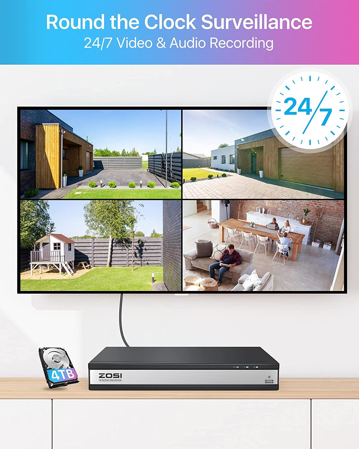 ZOSI 16CH/8CH 4K NVR 8MP Security IP Camera System Smart Detect Spotlight Audio
