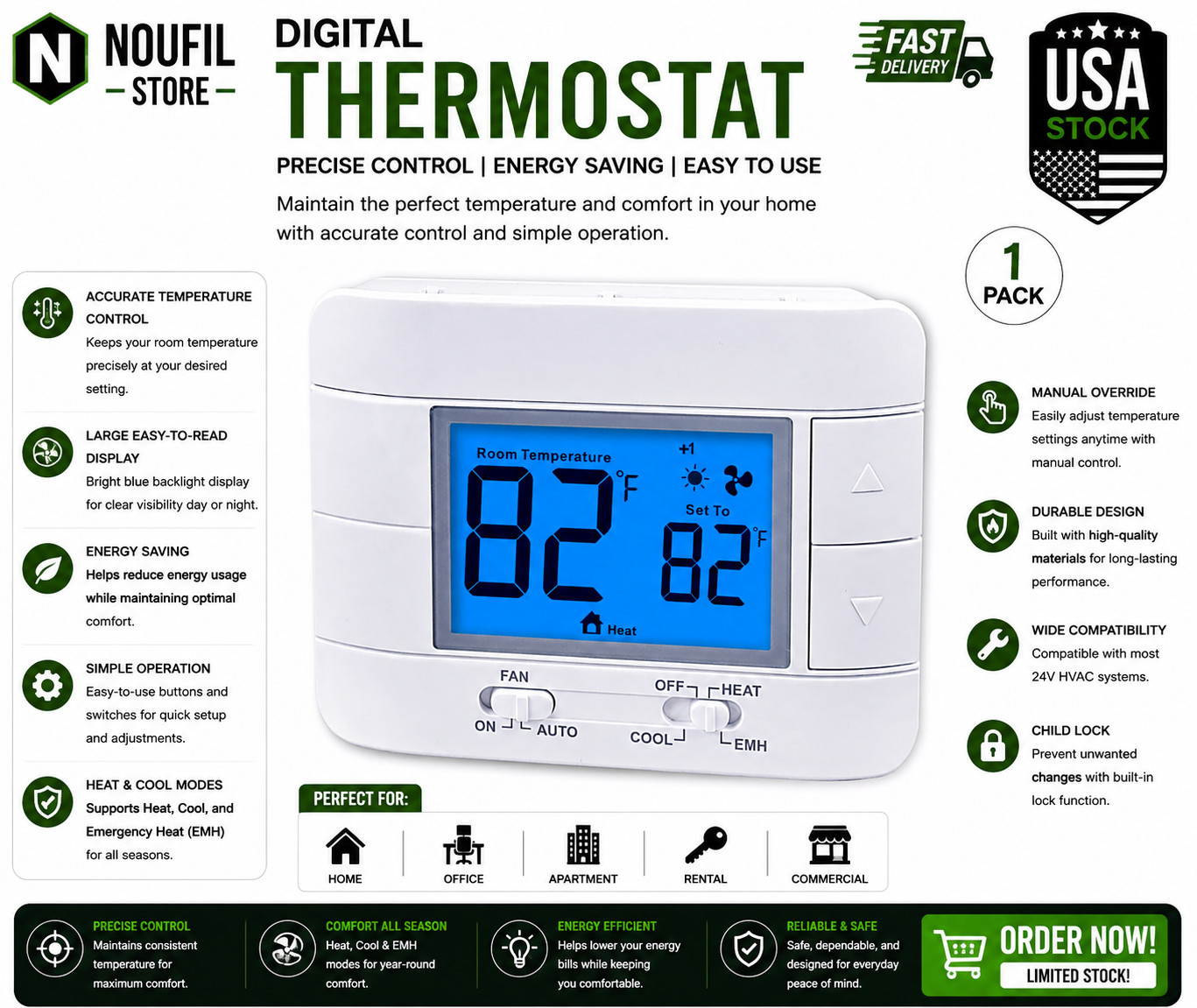 Thermostat Non Programmable Heat Pump Thermostat for House 2H/1C, with Large LCD