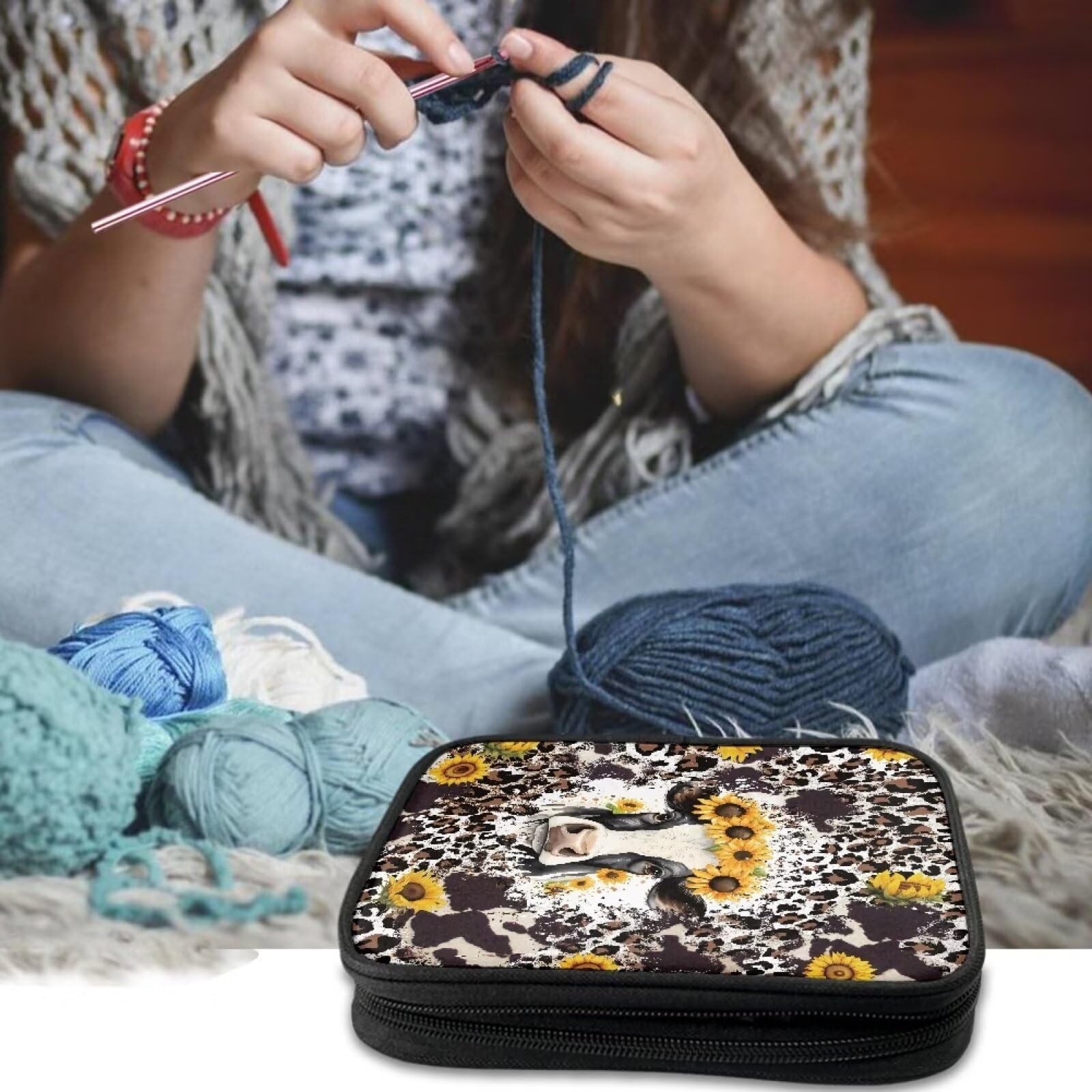 Kathyboom Cowhide Sunflower Empty Crochet Hook Case -