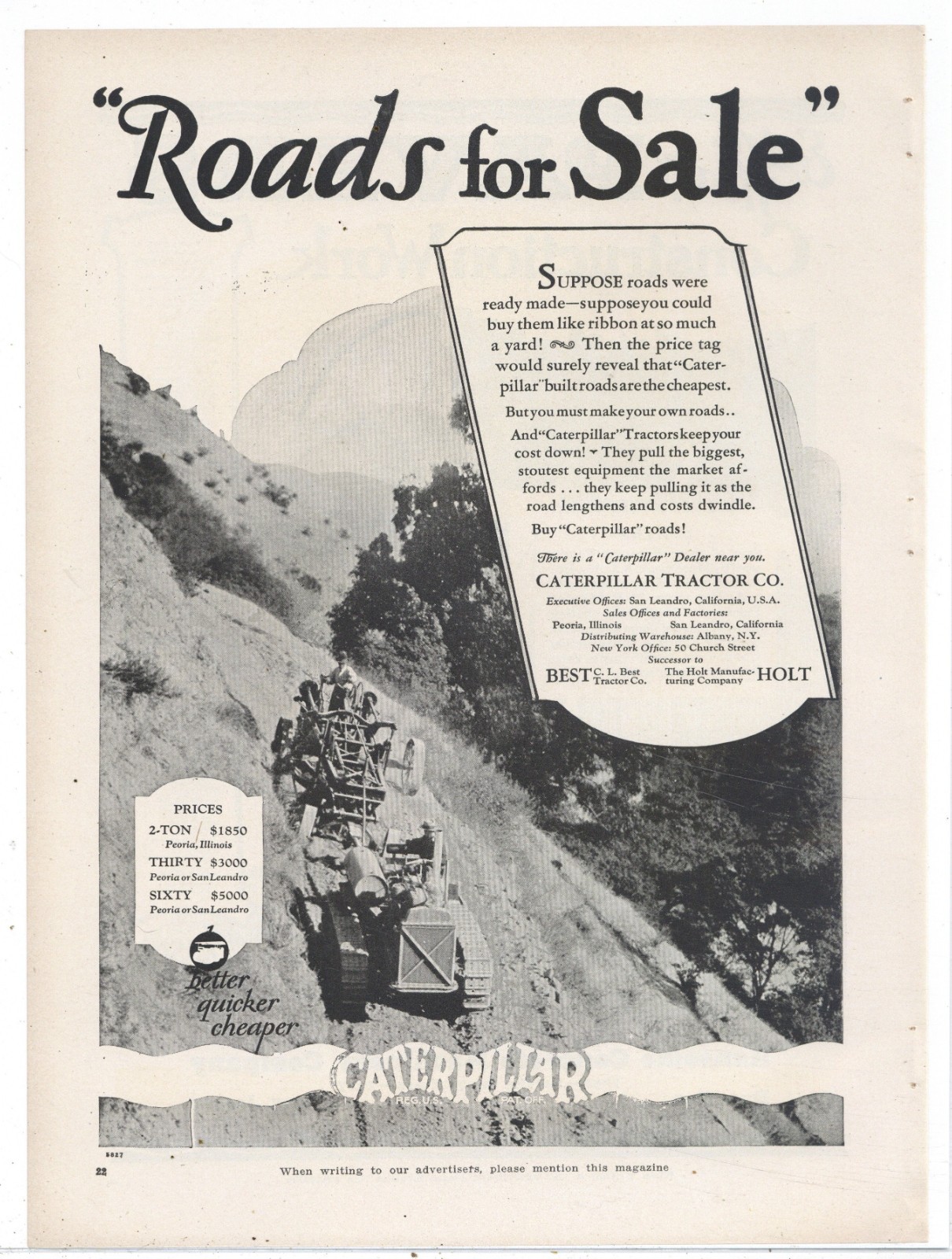 1927 Caterpillar Tractor Ad: Better Quicker Cheaper - Roads for Sale