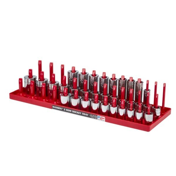 Hansen 1/2" Socket Tray Organizer Holder 3 Row Standard SAE Shallow Deep Red