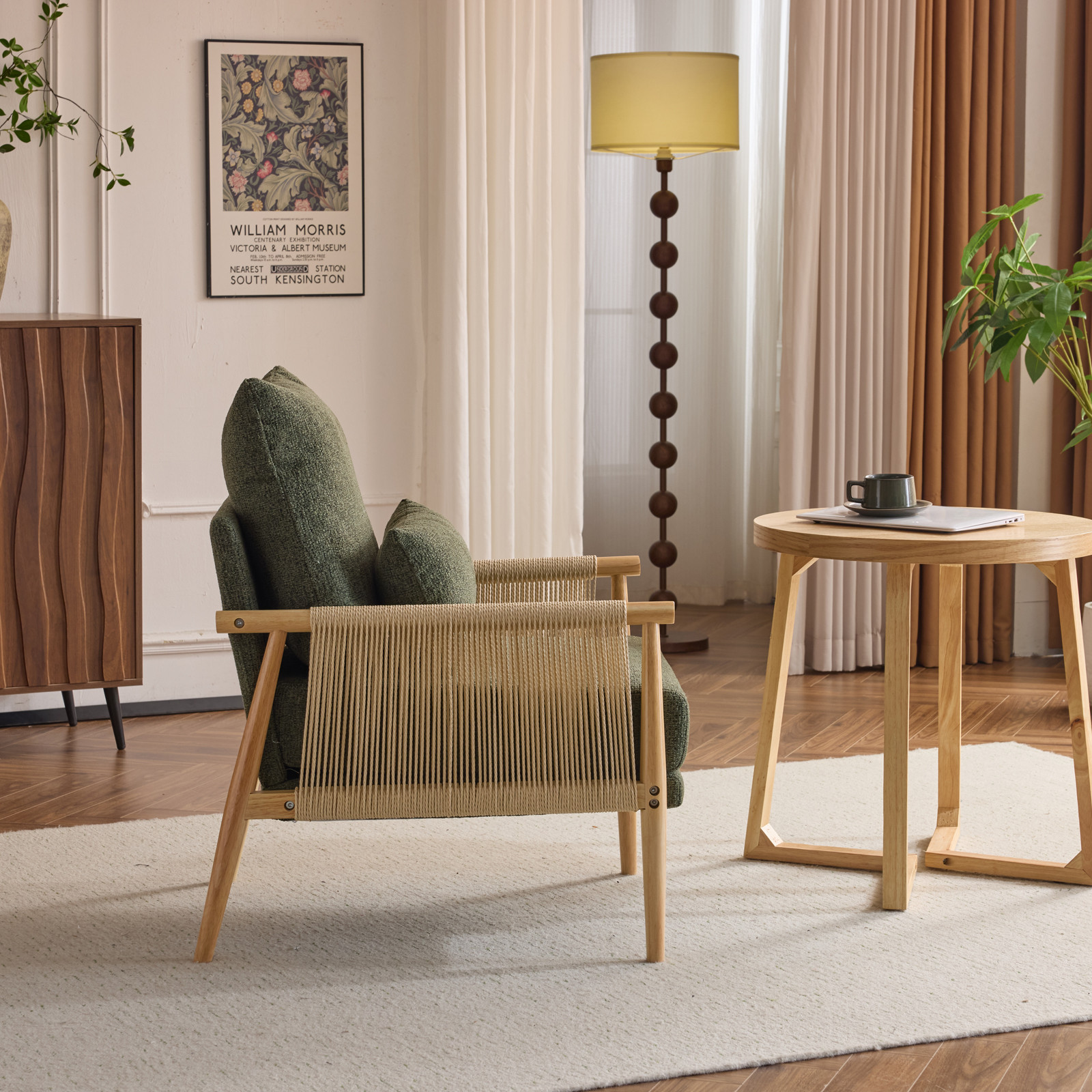 LEADZM Braid Accent Chair, Mid-Century Armchiar with Natural Oak Wooden Armrest