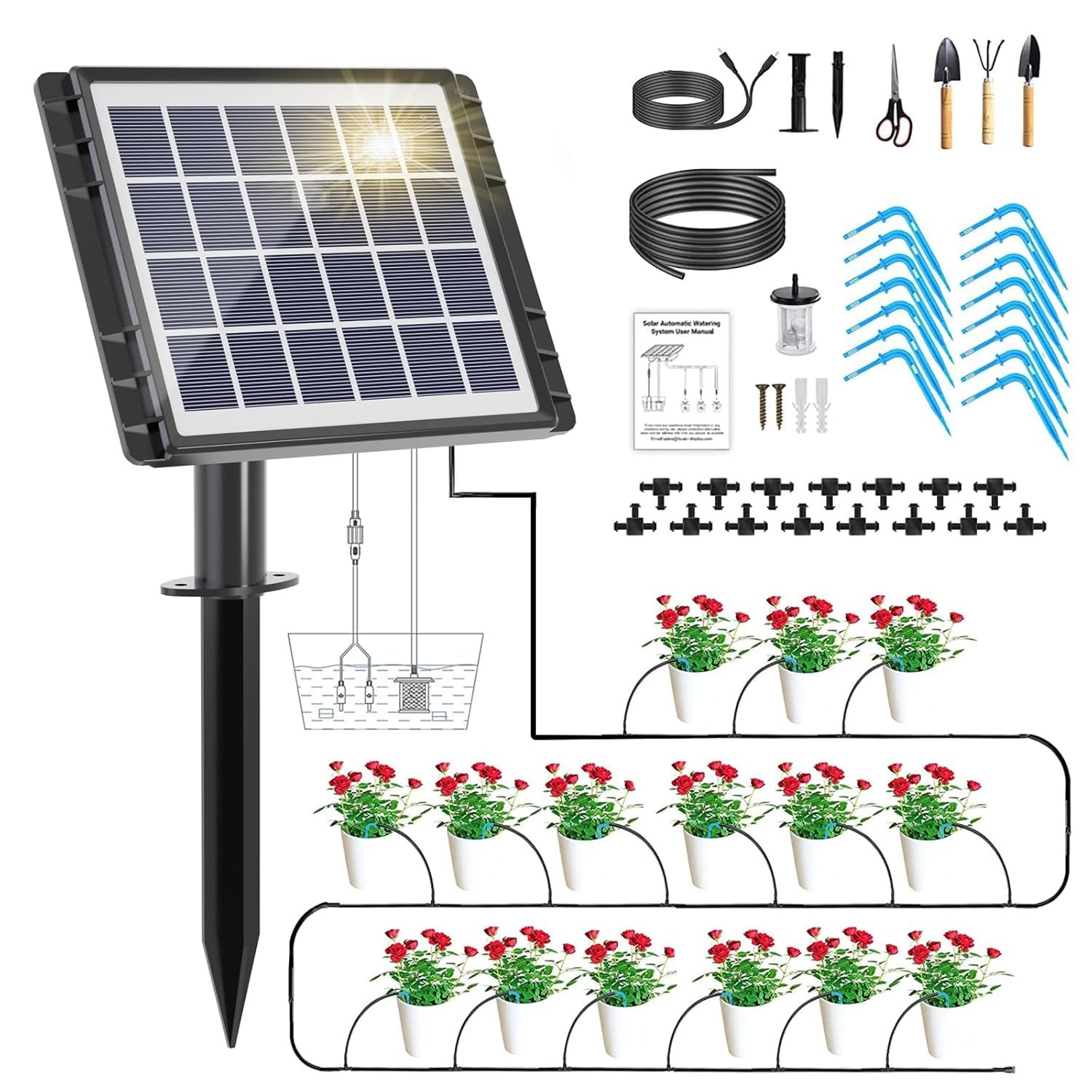 49FT Solar Drip Irrigation System, Auto Watering Kit for 15 Pots, Solar-Powered