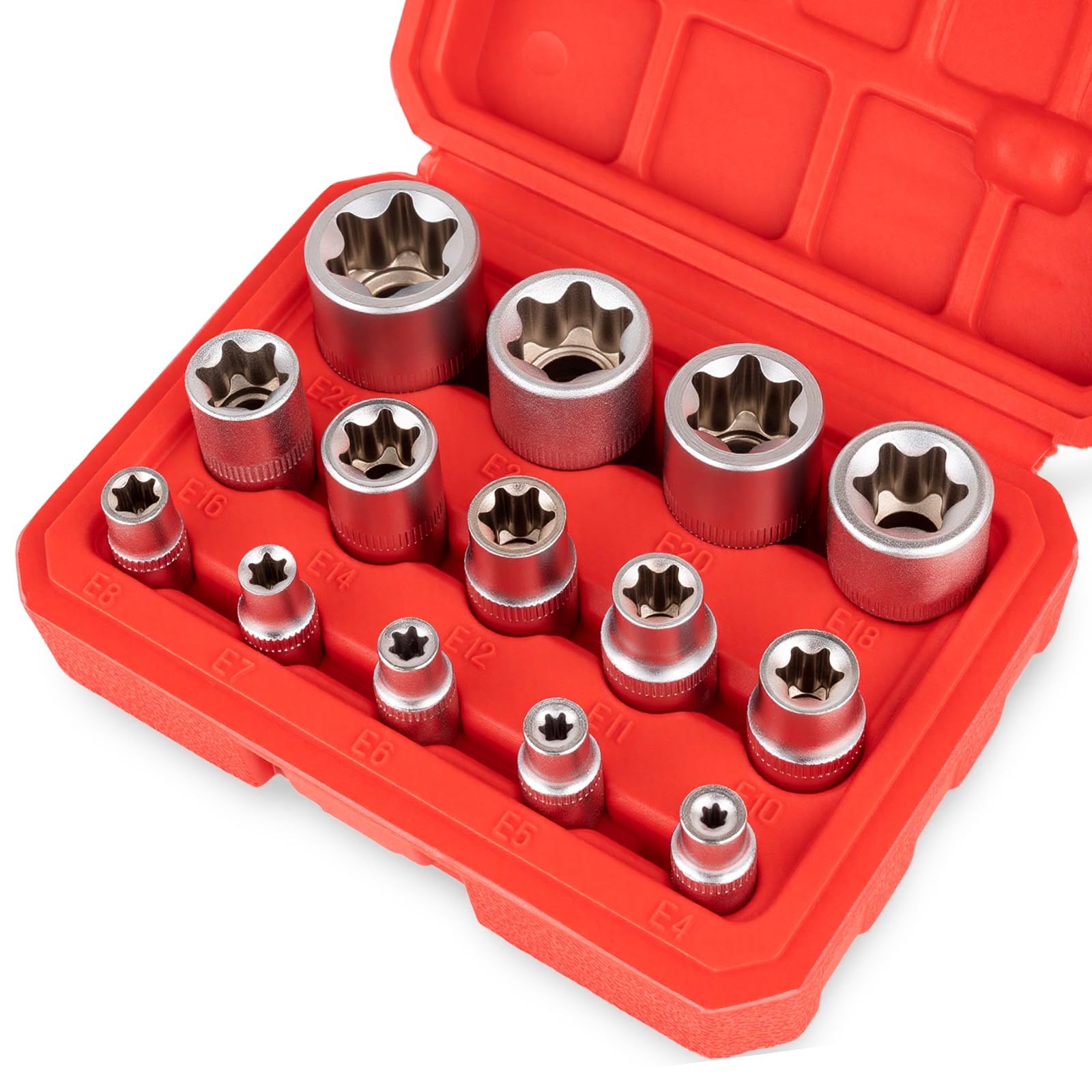 14-Piece E-Torx Socket Set, Premium External Torx Star Sockets - 1/4" 3/8" 1/...