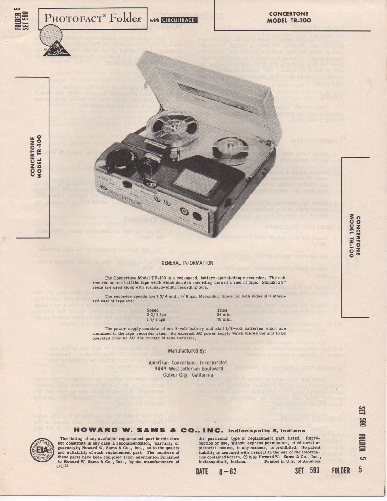 1962 CONCERTONE TR-100 REEL TO REEL TAPE RECORDER SERVICE MANUAL PHOTOFACT FIX