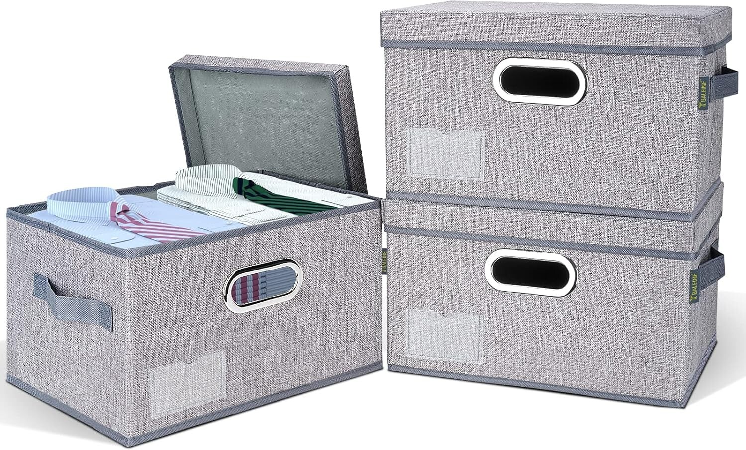 3 PACK Storage Bins with Lids, Foldable Linen Fabric Storage Boxes with Lids