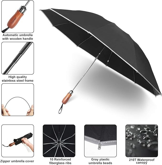 Lejorain Large Reverse Umbrella -50 Inch Windproof Folding Large, Black