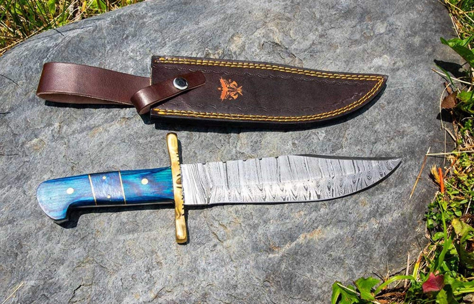 Damascus Steel Tactical Knife w/ Rosewood Handle & Sheath