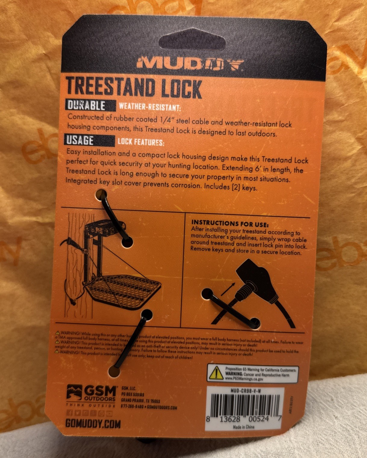Muddy Treestand Lock 2 Keys & Coated 6’ Cable