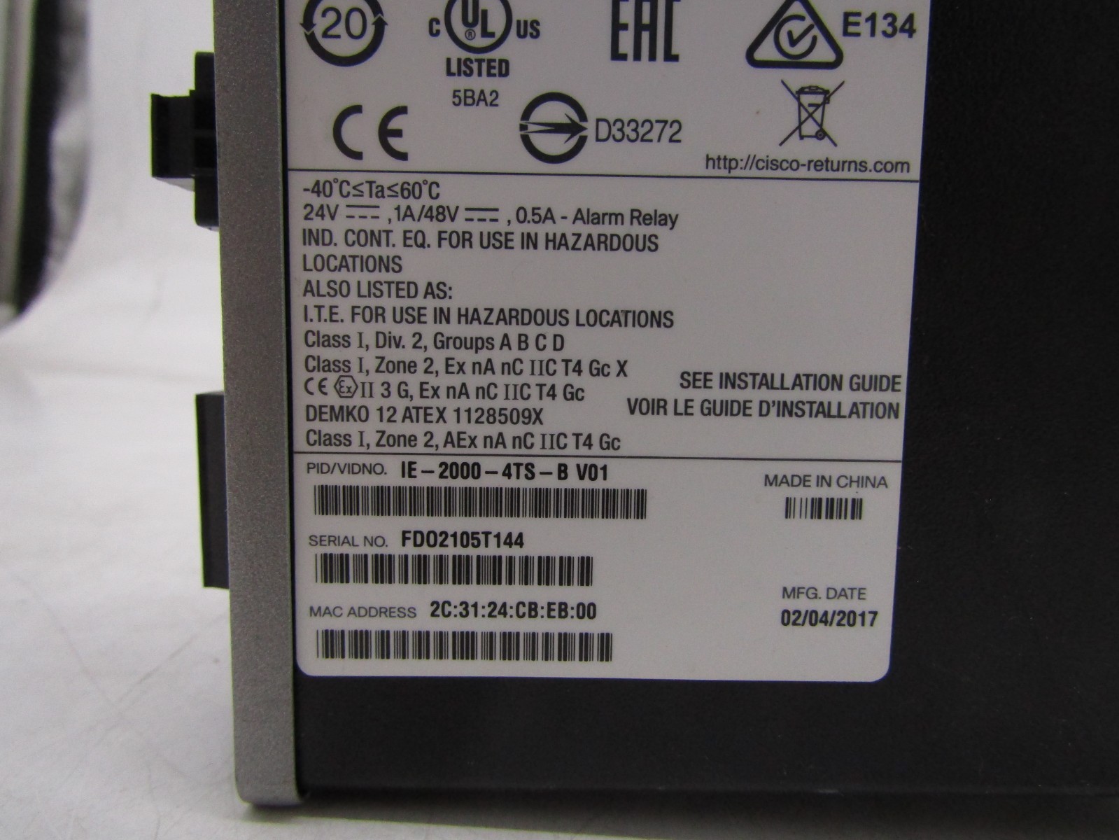 Cisco IE-2000-4TS-B V01 Industrial Ethernet Network Switch