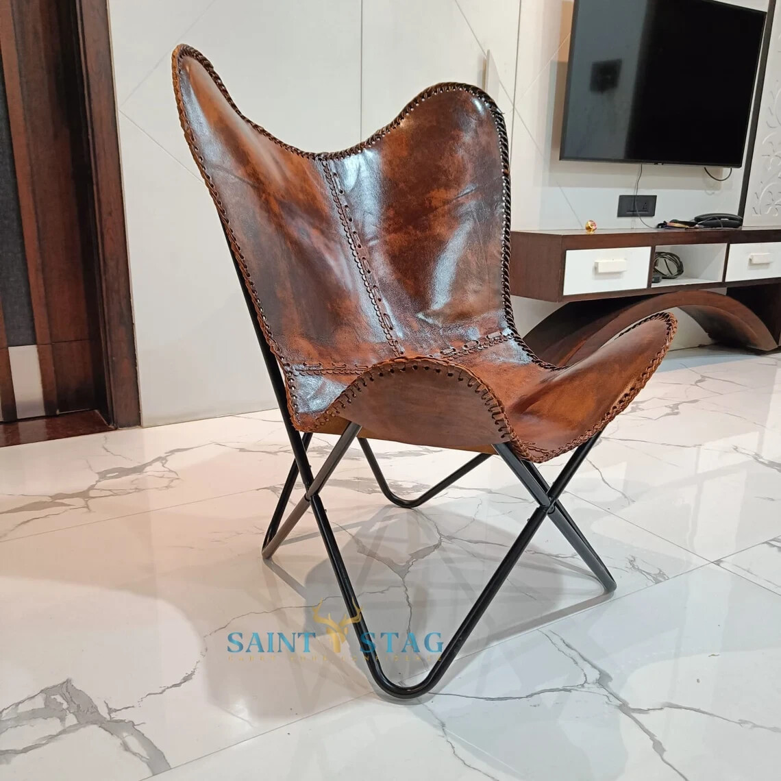 Authentic Leather Butterfly Chair Handmade Vintage Accent Furniture
