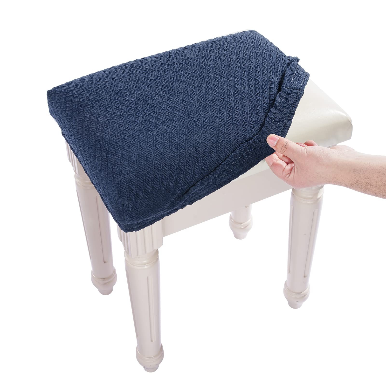 Luxury Stretch Jacquard Vanity Bench Slipcover, Washable, Navy Blue, XS Size