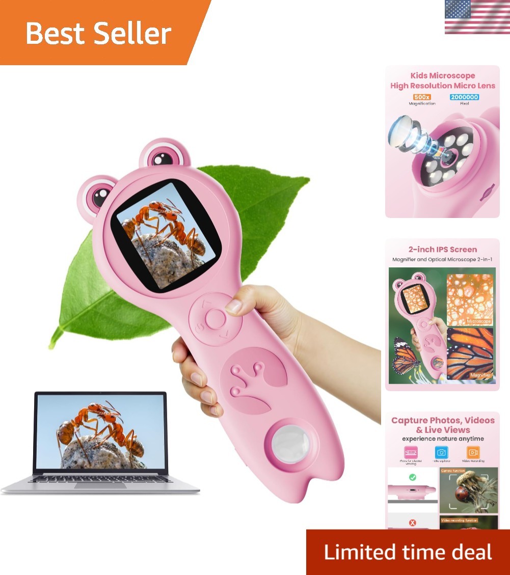500X Kids Microscope with LED Lights - Portable Digital Learning Tool in Pink